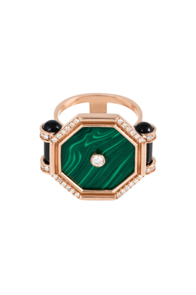 Hexagon Ring, 18k Rose Gold with Diamonds & Onyx, Malachite